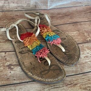 SAM EDELMAN GATES EMBELLISHED LEATHER FRINGE THONG SANDAL SADDLE MULTICOLOR SZ 8